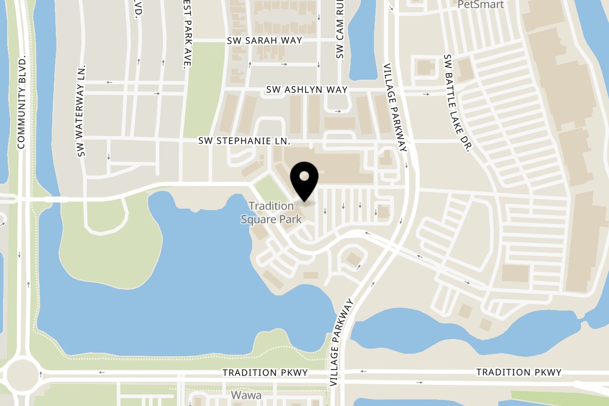 Map showing the location of Spiro's Taverna Tradition on 10511 SW Village Center Dr in Port St. Lucie
